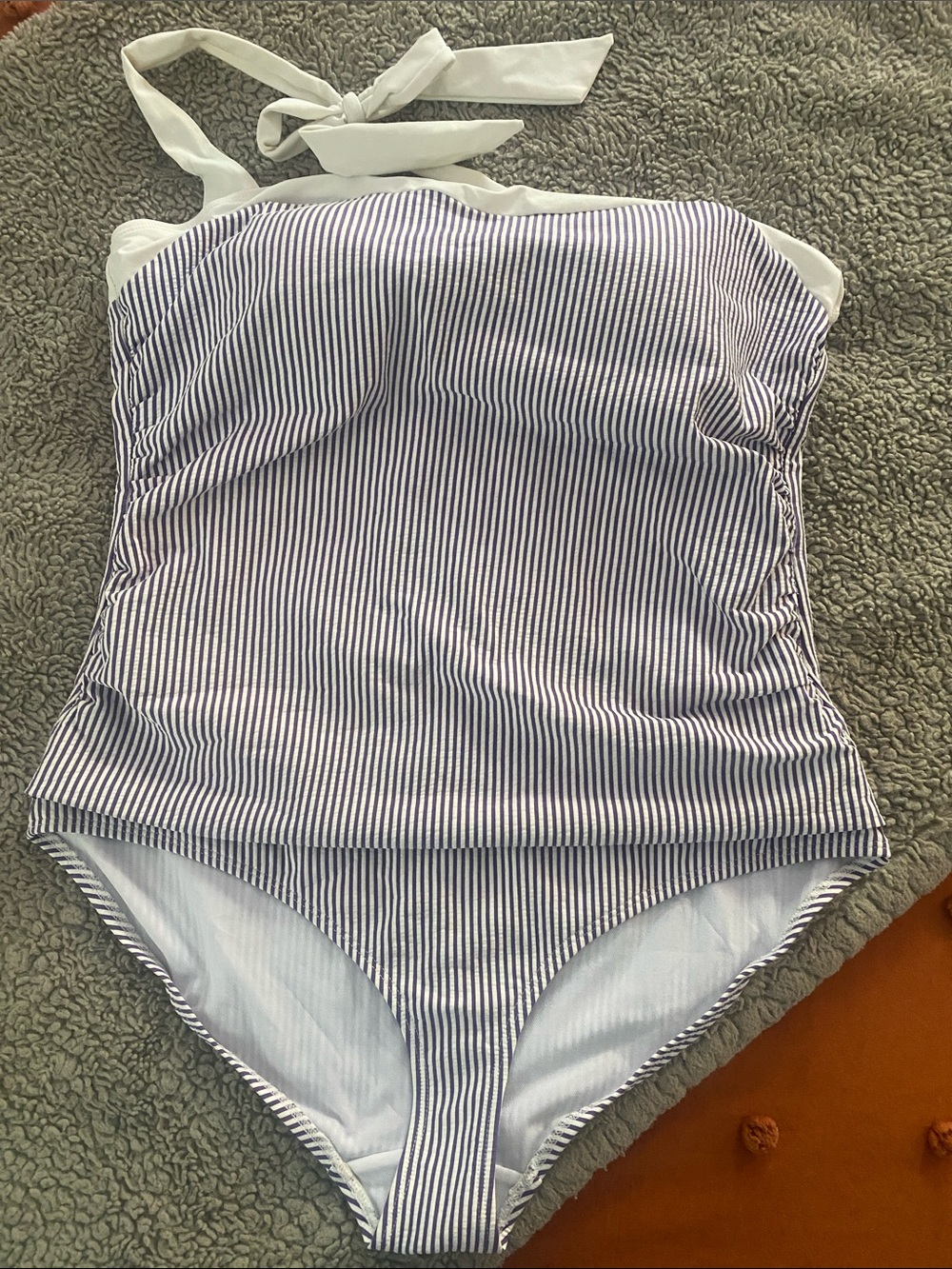 Basic Editions White and Navy Striped One-Piece Swimsuit